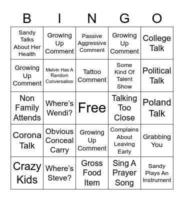 Family Reunion Bingo Card