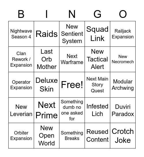 TennoCon Bingo Board Bingo Card