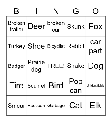Road Kill Bingo Card