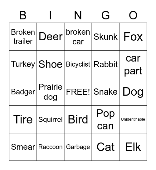 Road Kill Bingo Card