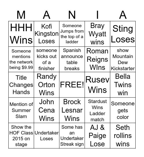 Wrestlemania 31 Bingo Card