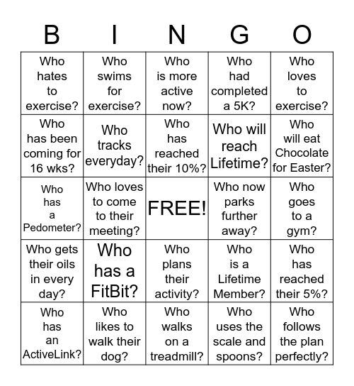 Activity Bingo Card