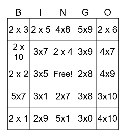Bingo - testando a tabuada Bingo Card
