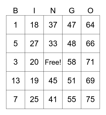 Bingo Card One Bingo Card