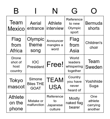 Tokyo Olympics Opening Ceremonies! Bingo Card