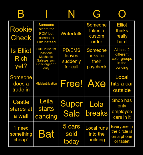 Lux Bingo Card