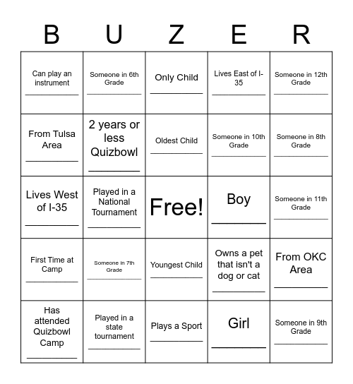 Quizbowl Camp Bingo Card