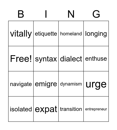 Dictionary Bingo Card