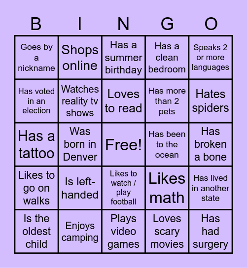 AUL Summer School Get to Know You BINGO Card