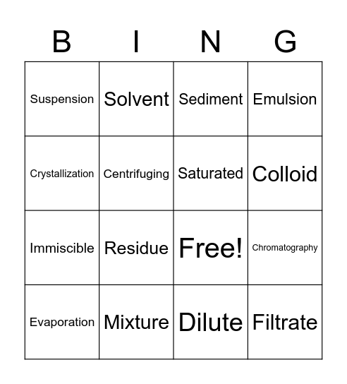 Separating Mixtures Bingo Card