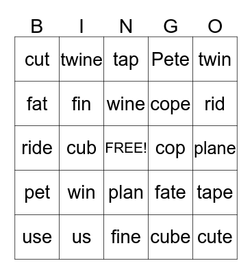 Magic E Bingo Card