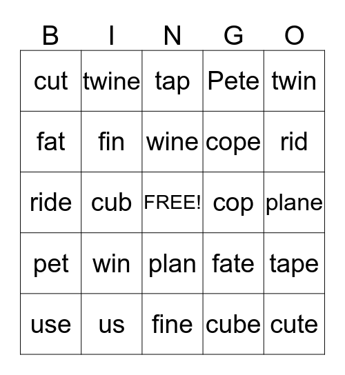 Magic E Bingo Card