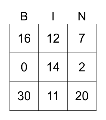 Maths bingo Card