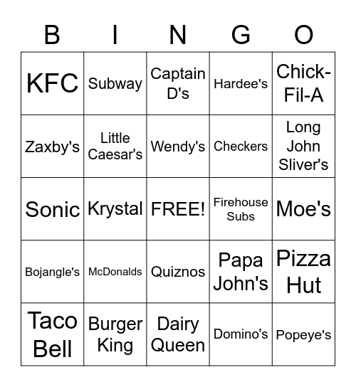 Fast Food Restaurant Bingo Card