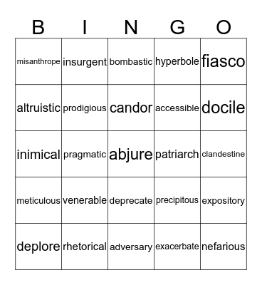 SAT Vocabulary Bingo Card