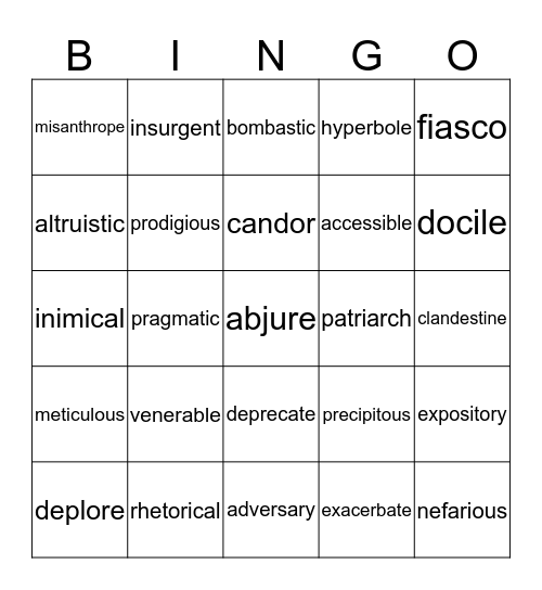 SAT Vocabulary Bingo Card