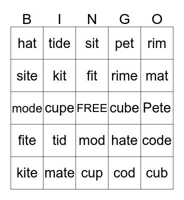 Magic E Bingo Card