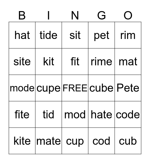 Magic E Bingo Card