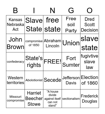 Causes of the Civil War Bingo Card