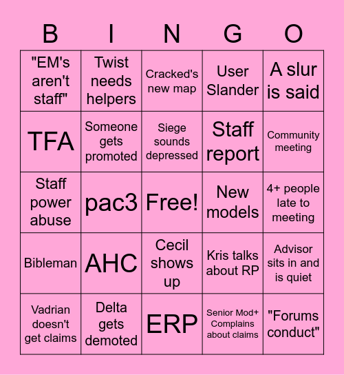 Staff bingo epic Bingo Card