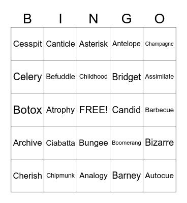 Uxbridge English Dictionary Bingo Card