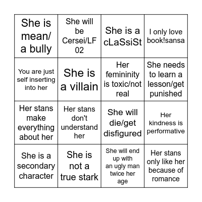 Sansa stans bingo card Bingo Card