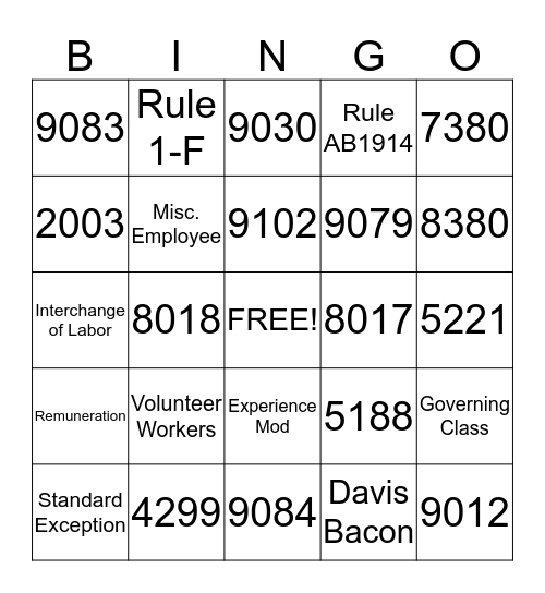 Class Code Bingo Card