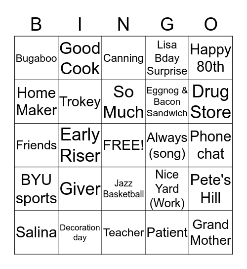 Happy 80th Birthday Bingo Card
