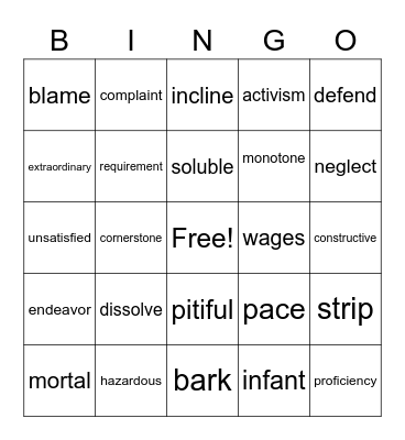 vocabulary Bingo Card