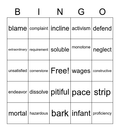 vocabulary Bingo Card