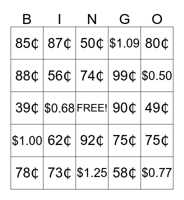 Counting Coins Bingo Card