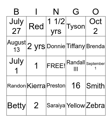 Randall J.R and Bree's Baby Bingo Card