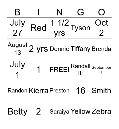 Randall J.R and Bree's Baby Bingo Card