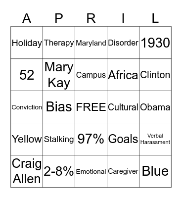 National Sexual Assault Awareness and Child Abuse Month Bingo Card