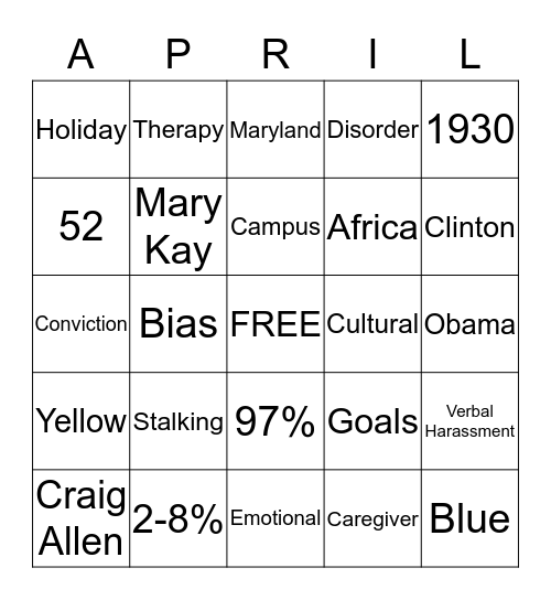 National Sexual Assault Awareness and Child Abuse Month Bingo Card