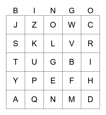 English Alphabet Bingo Card