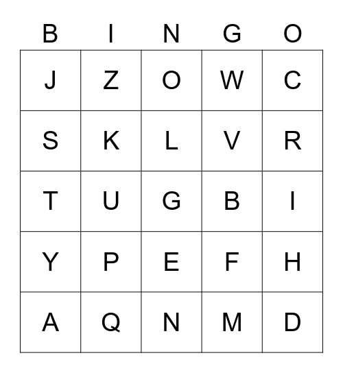 English Alphabet Bingo Card