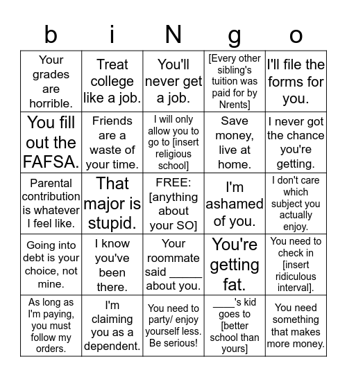 RBiNgo: College Edition Bingo Card
