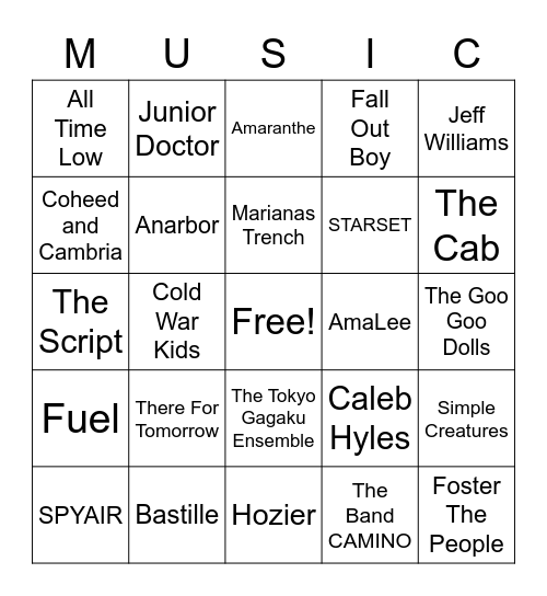 Music That Hyde Likes Bingo Card