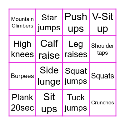 9A Fitness! Bingo Card