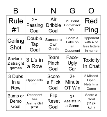 Grimm's Rocket League Bingo Card