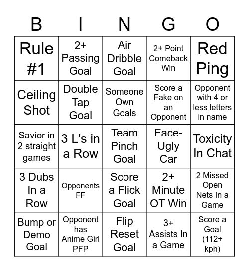 Grimm's Rocket League Bingo Card