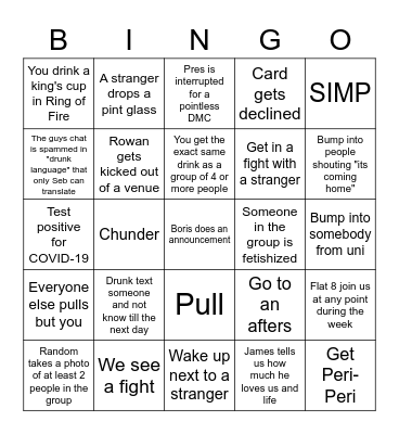 Post-LockdownDrink Bingo Card