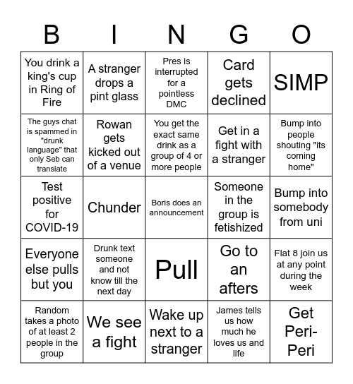 Post-LockdownDrink Bingo Card