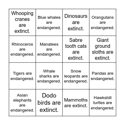 Endangered or extinct? Bingo Card