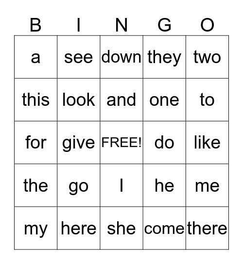 Sight Word Bingo Card