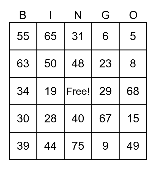 Number Bingo 1-100 Bingo Card