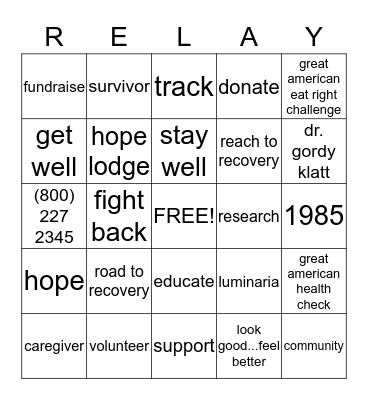 Relay For Life Bingo Card