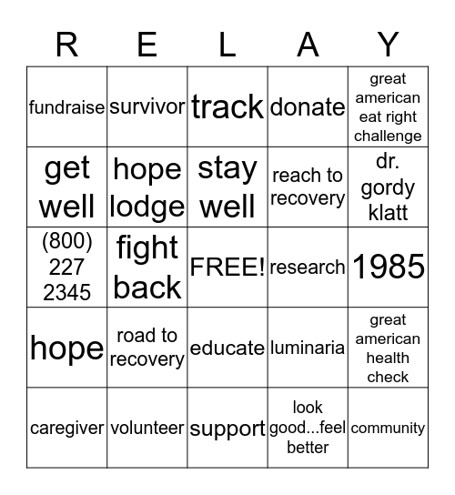 Relay For Life Bingo Card