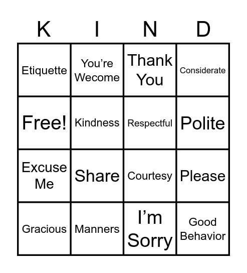 MiMi’s Manners Camp Bingo Card